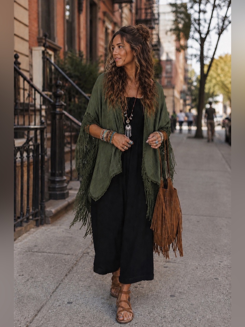 EVERLEIGH Women's Olive Green Fringe Open-Front Poncho Shrug Kimono 1X/2X